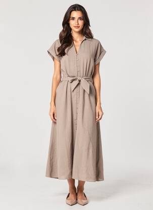 Robe longue manches courtes manches courtes marron YAYA femme