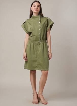 Robe mi-longue manches courtes manches courtes vert IKKS femme