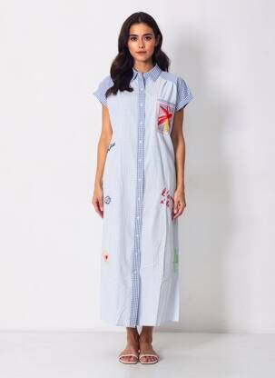 Robe longue manches courtes manches courtes bleu INSPIRATION STUDIO femme