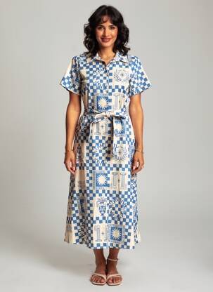 Robe longue imprimé fantaisie manches courtes bleu LEO & UGO femme