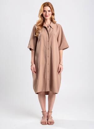 Robe mi-longue manches courtes manches courtes marron YAYA femme