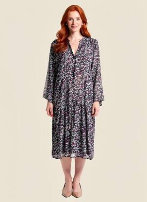 Robe mi-longue imprimé fantaisie manches longues noir IKKS femme