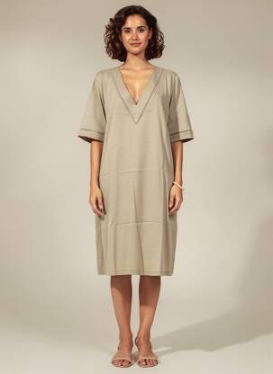 Robe mi-longue manches courtes manches courtes vert YAYA femme