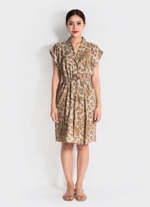 Robe mi-longue manches courtes manches courtes marron YAYA femme