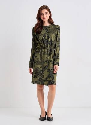 Robe mi-longue imprimé fantaisie manches longues vert IKKS femme