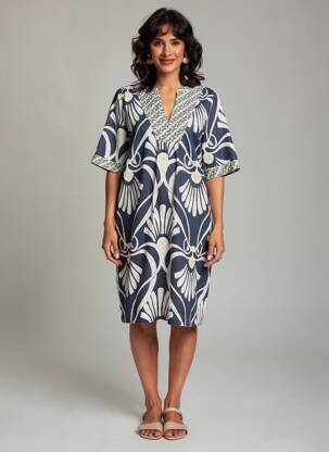 Robe mi-longue imprimé fantaisie manches courtes bleu WHITE STUFF femme
