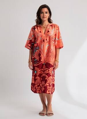Robe mi-longue imprimé fantaisie manches courtes orange WHITE STUFF femme