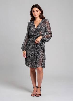 Robe mi-longue imprimé fantaisie manches longues noir IKKS femme