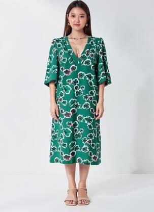 Robe mi-longue imprimé fantaisie manches courtes vert IKKS femme