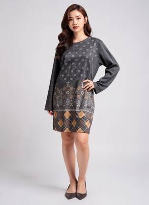 Robe mi-longue imprimé fantaisie manches longues gris GALMALLA femme