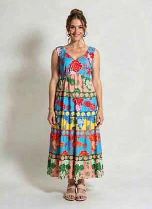 Robe longue imprimé fleurs sans manche bleu K-DESIGN femme