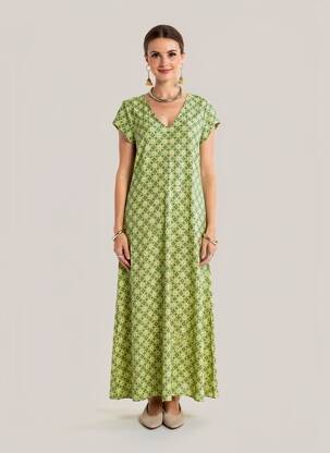 Robe longue manches courtes manches courtes vert SURKANA femme