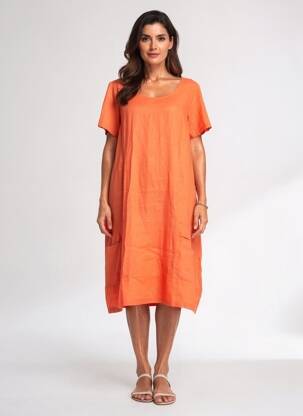 Robe mi-longue tissage crêpe manches courtes orange K femme