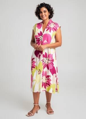 Robe mi-longue coupe fluide manches courtes jaune SCORZZO femme