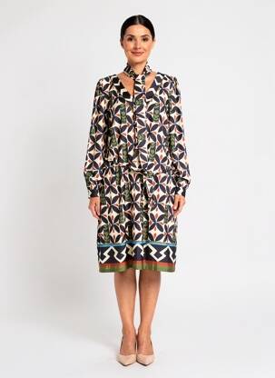 Robe mi-longue imprimé fleurs manches longues beige K-DESIGN femme