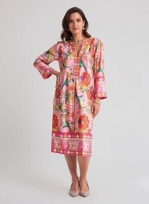 Robe mi-longue imprimé fleurs manches 3/4 rose K-DESIGN femme
