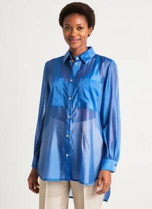 Chemisier tissage popeline manches longues bleu LEO & UGO femme