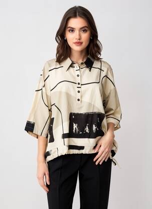 Blouse imprimé fantaisie manches 3/4 beige K femme