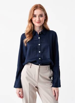 Chemisier tissage crêpe manches longues bleu K femme
