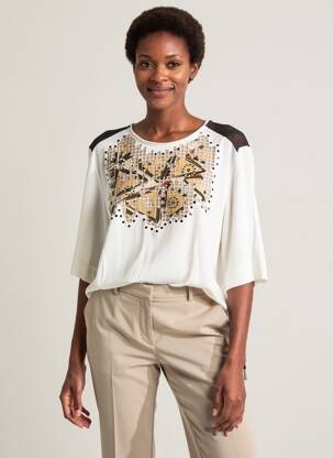 Top col rond manches 3/4 beige TRICOT CHIC femme