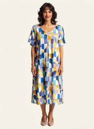 Robe mi-longue coupe fluide manches courtes bleu VANIA femme