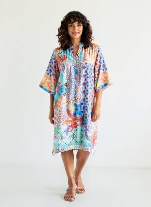 Robe mi-longue imprimé fleurs manches courtes bleu VANIA femme