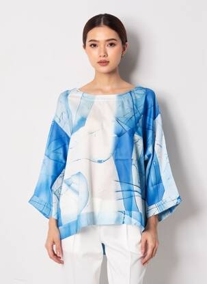 Blouse imprimé fantaisie manches 3/4 bleu K femme
