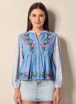 Chemisier tissage popeline manches longues bleu THE CORNER femme