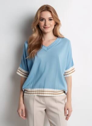 Pull coupe droite manches courtes bleu CHARMING GIRL femme
