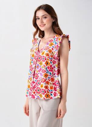 Blouse imprimé fleurs manches courtes rose IKOONE&BIANKA femme