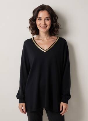 Pull col v manches longues noir PIMENT ROUGE femme
