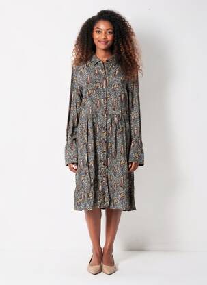 Robe mi-longue imprimé fantaisie manches longues gris MARIE-SIXTINE femme