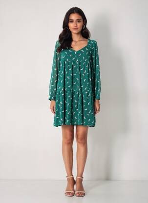 Robe courte coupe évasée manches longues vert I.CODE (By IKKS) femme