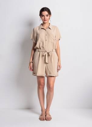 Combishort tissage crêpe manches courtes beige DEELUXE femme