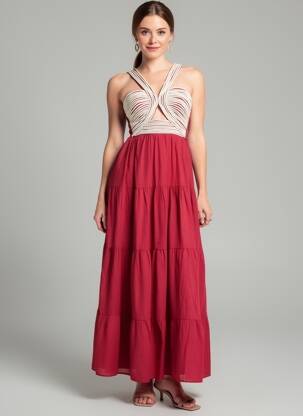 Robe longue coupe cintrée fines bretelles rouge STELLA femme