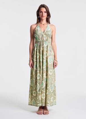 Robe longue imprimé fleurs fines bretelles vert TIFFOSI femme