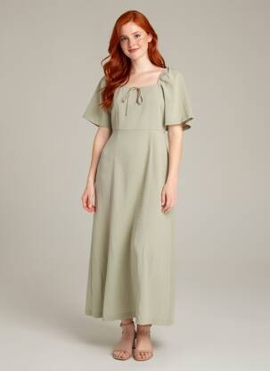 Robe longue manches courtes manches courtes vert ICHI femme