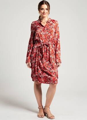 Robe mi-longue imprimé fantaisie manches longues rouge ICHI femme