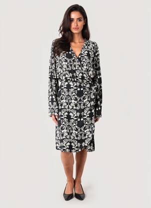 Robe mi-longue imprimé fantaisie manches longues noir ICHI femme