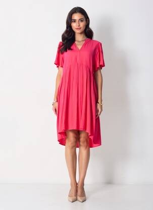 Robe mi-longue coupe fluide manches courtes rose ICHI femme