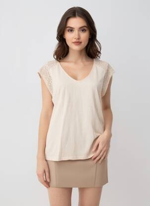 T-shirt col v manches courtes beige DEELUXE femme
