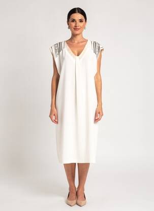 Robe mi-longue tissage crêpe manches courtes beige ANDAMIO femme