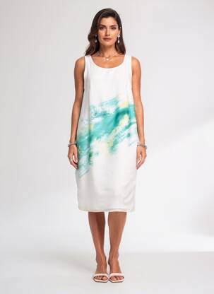 Robe mi-longue coupe fluide sans manche beige ANDAMIO femme