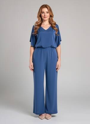 Combi-pantalon coupe fluide manches courtes bleu ANDAMIO femme