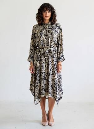 Robe mi-longue imprimé fantaisie manches longues noir LPB LES PETITES BOMBES  femme