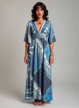 Robe longue manches longues manches longues bleu LARAETHNICS femme