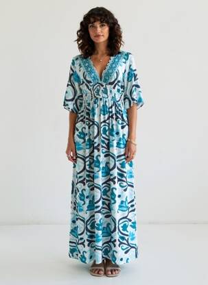 Robe longue imprimé fantaisie manches courtes bleu LARAETHNICS femme