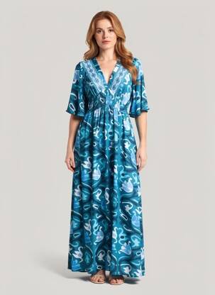 Robe longue imprimé fantaisie manches courtes bleu LARAETHNICS femme