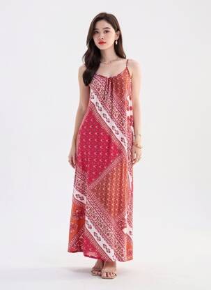 Robe longue imprimé fleurs fines bretelles rouge LARAETHNICS femme