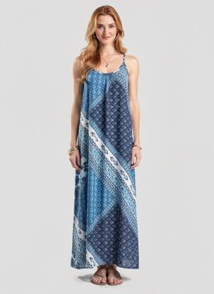 Robe longue imprimé fleurs fines bretelles bleu LARAETHNICS femme